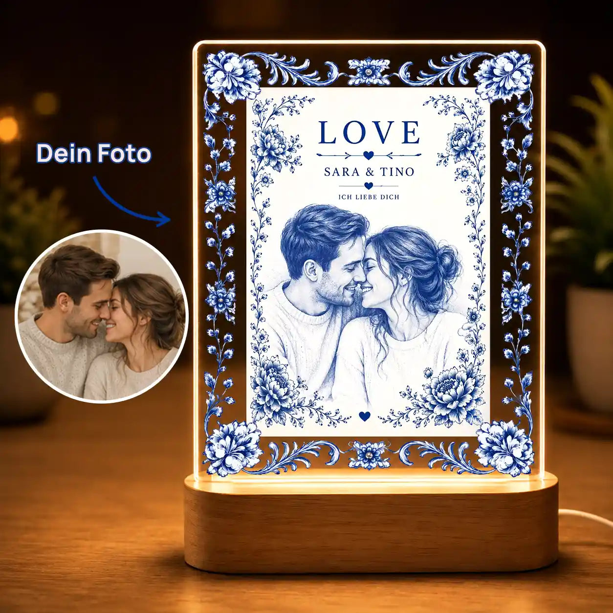 Acrylglas-Lampe Foto Keramik Blau-Weiß Zwiebelmuster