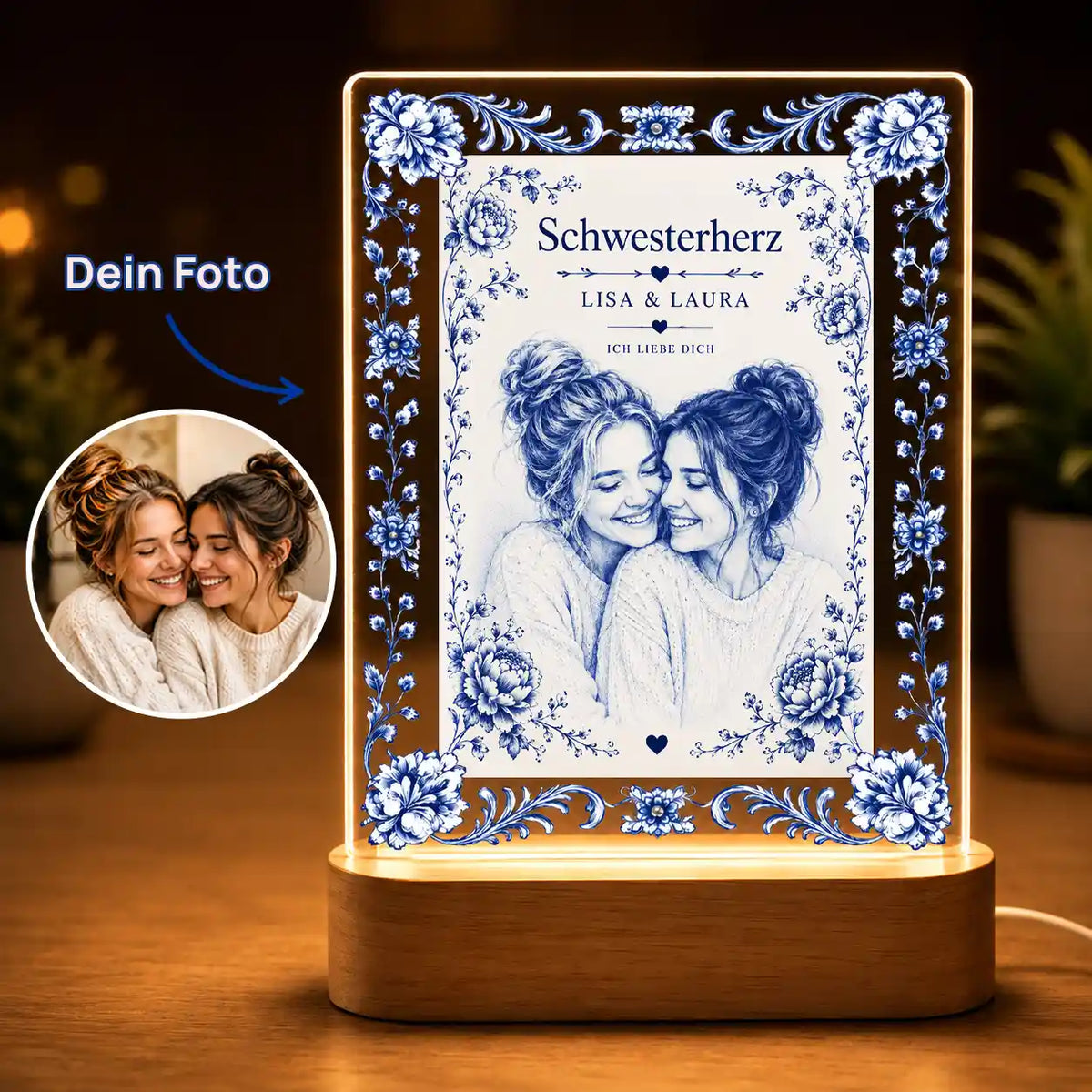 Acrylglas-Lampe "Foto in Keramik Blau-weiß Zwiebelmuster"