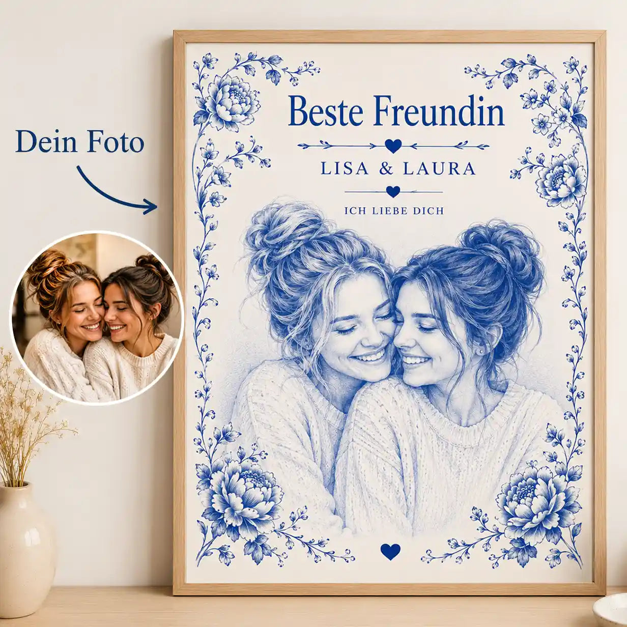 Poster Foto in Keramik Blau-weiß Zwiebelmuster