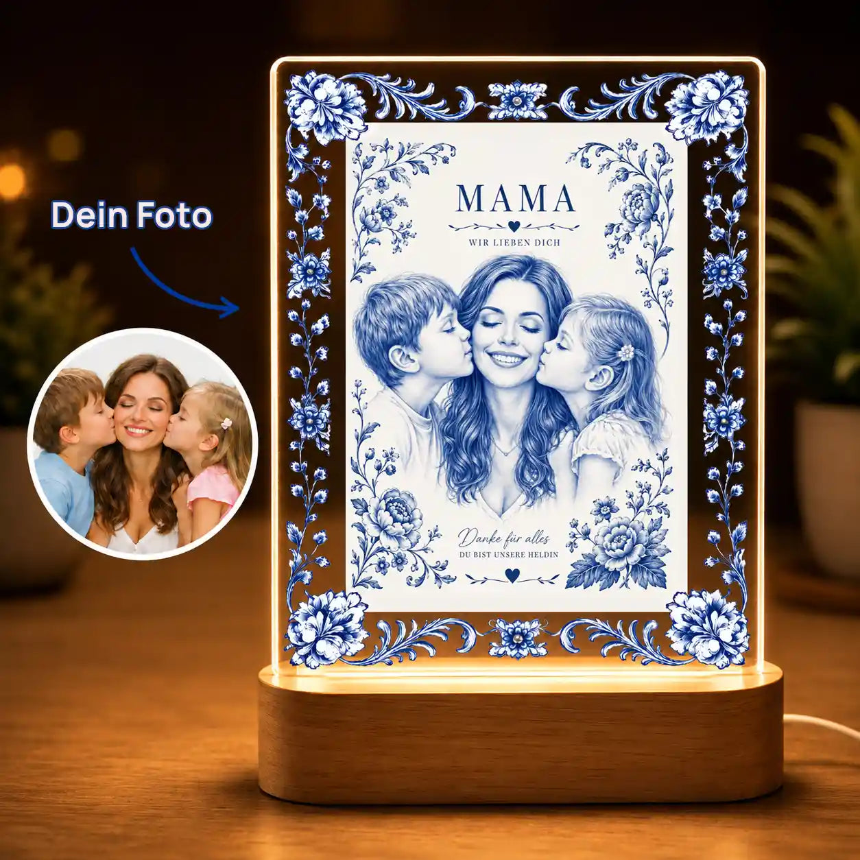 Acrylglas-Lampe Foto Keramik Blau-Weiß Zwiebelmuster