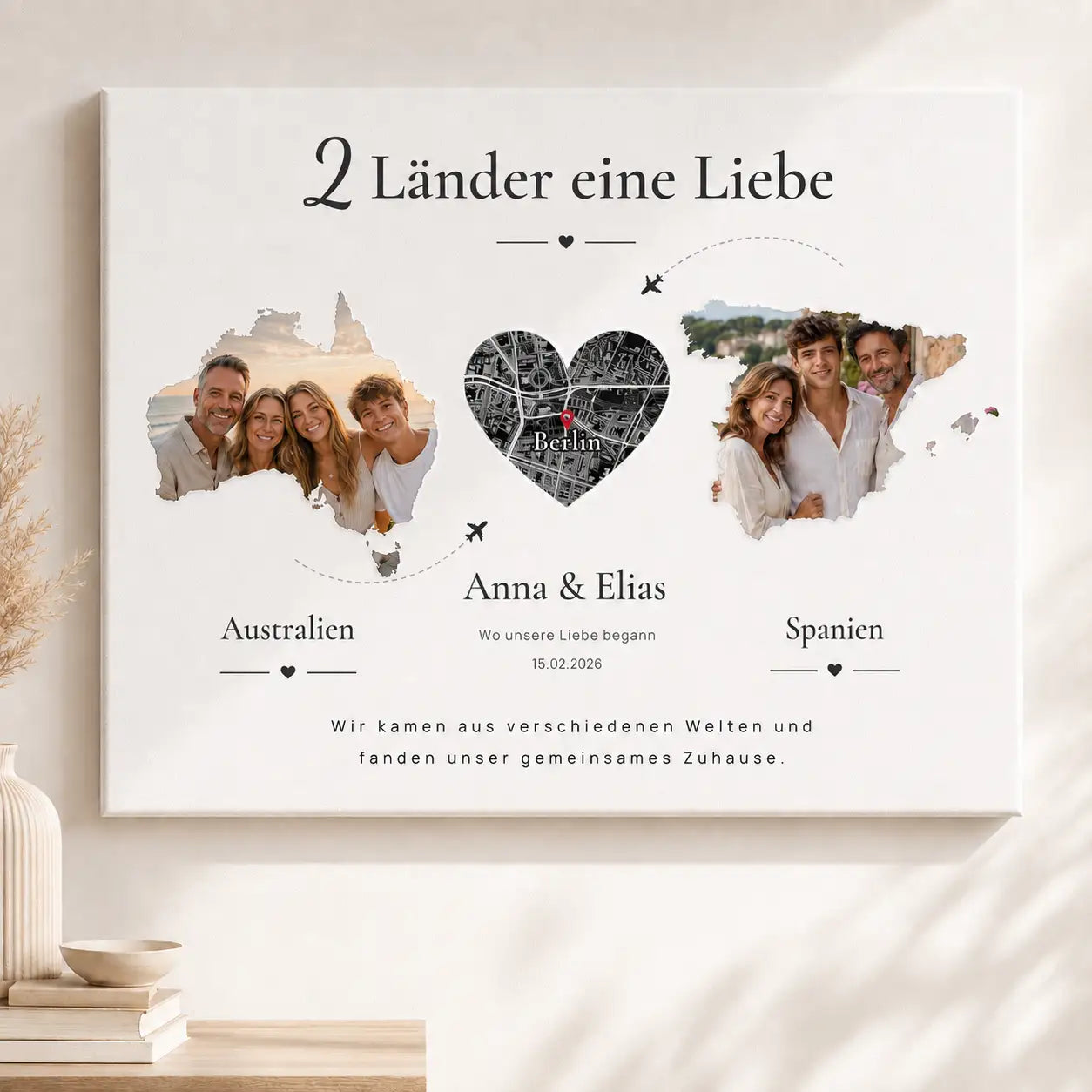 Leinwand "2 Länder eine Liebe“ mit Karte & Fotos
