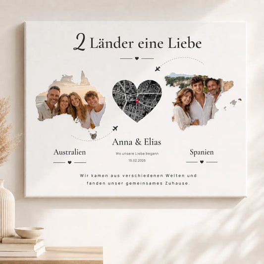 Leinwand "2 Länder eine Liebe“ mit Karte & Fotos