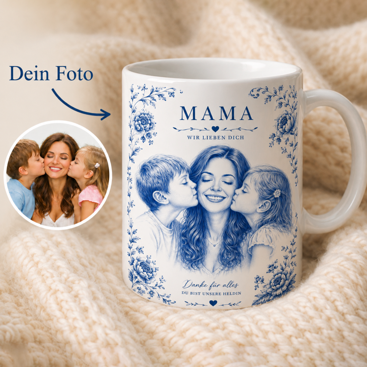 Tasse Foto Keramik Blau-Weiß Zwiebelmuster