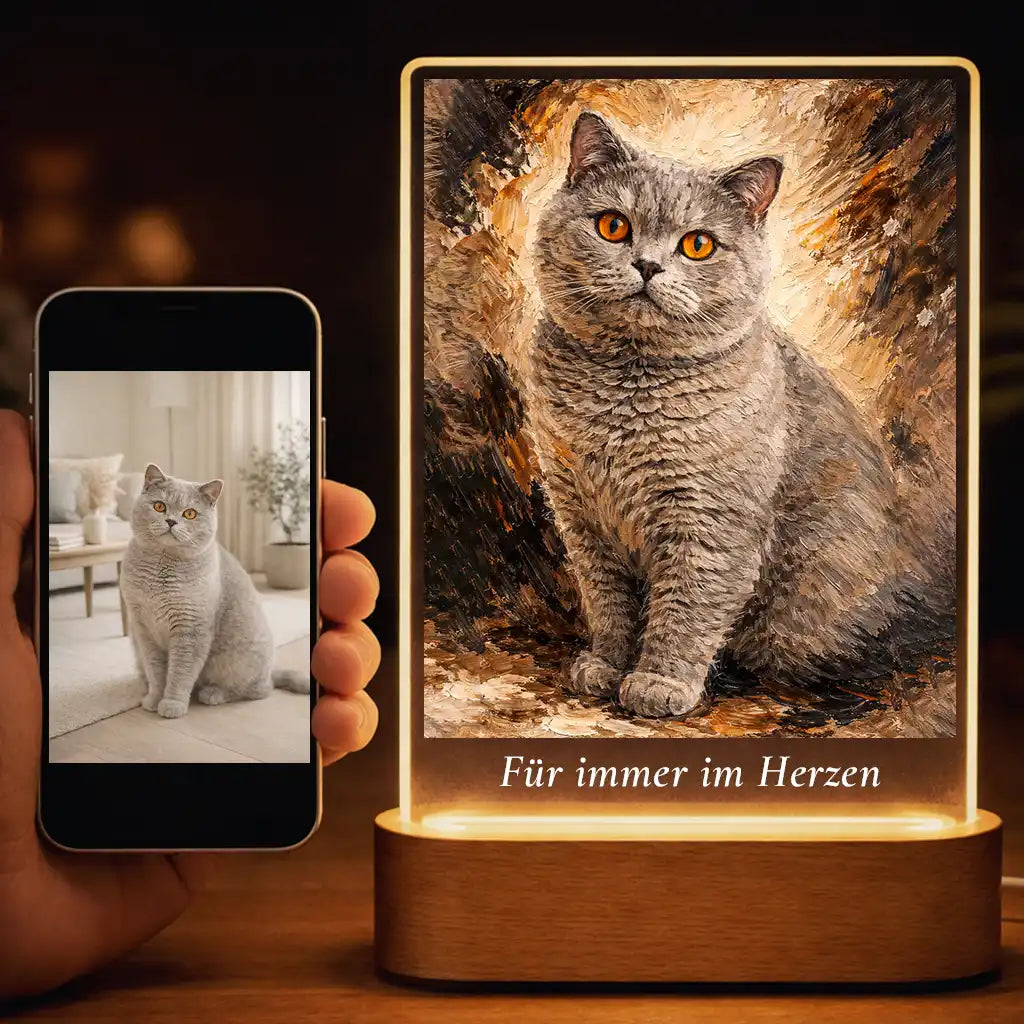 Acrylglas-Lampe Katzen-Portrait „Pfote in Öl“