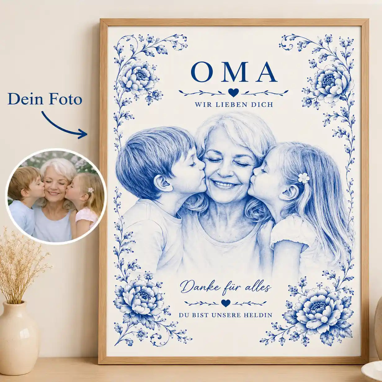Poster Foto in Keramik Blau-weiß Zwiebelmuster