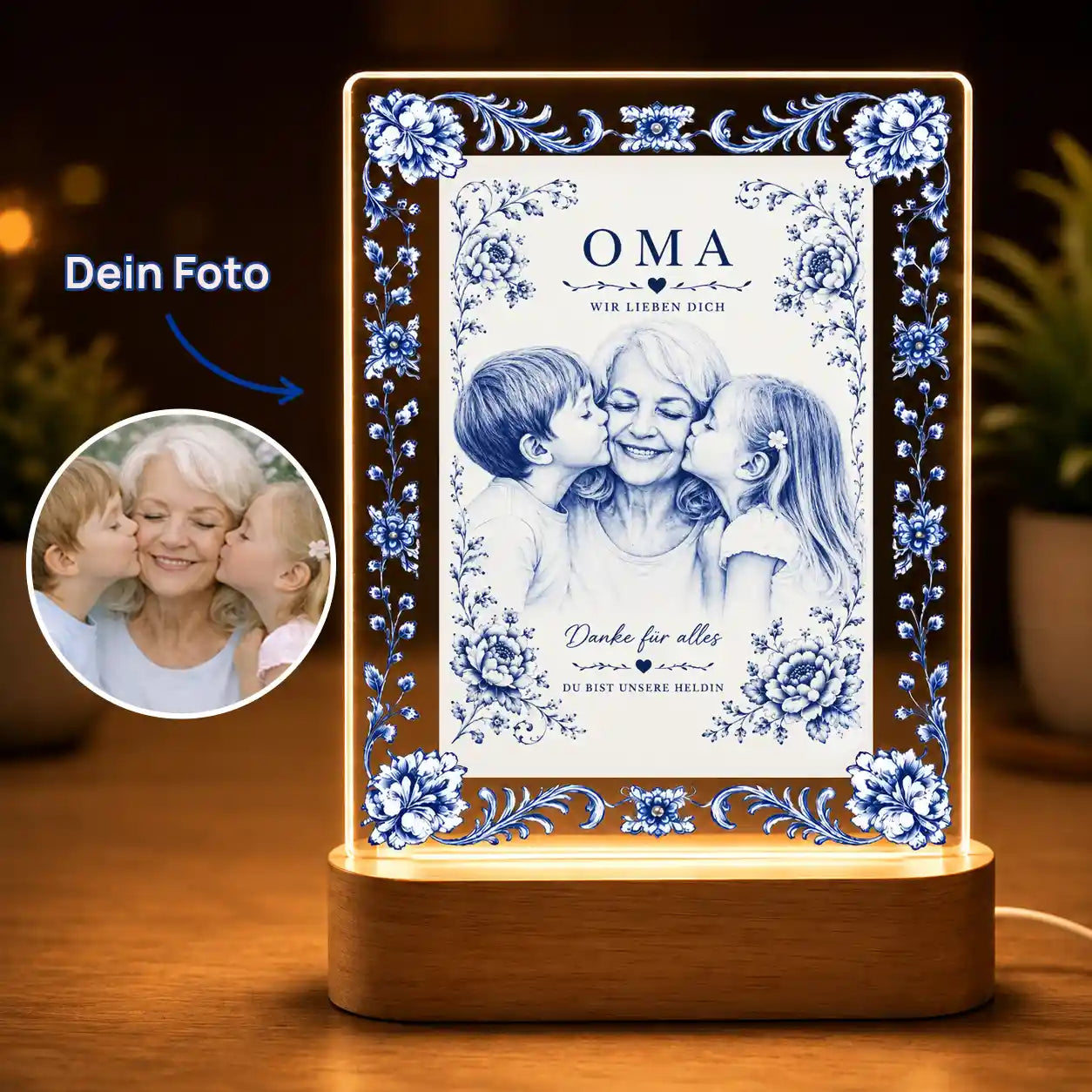 Acrylglas-Lampe Foto Keramik Blau-Weiß Zwiebelmuster