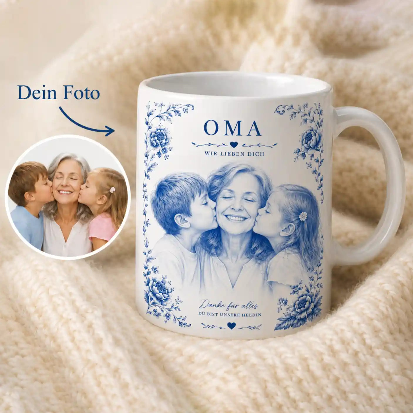 Tasse Foto Keramik Blau-Weiß Zwiebelmuster