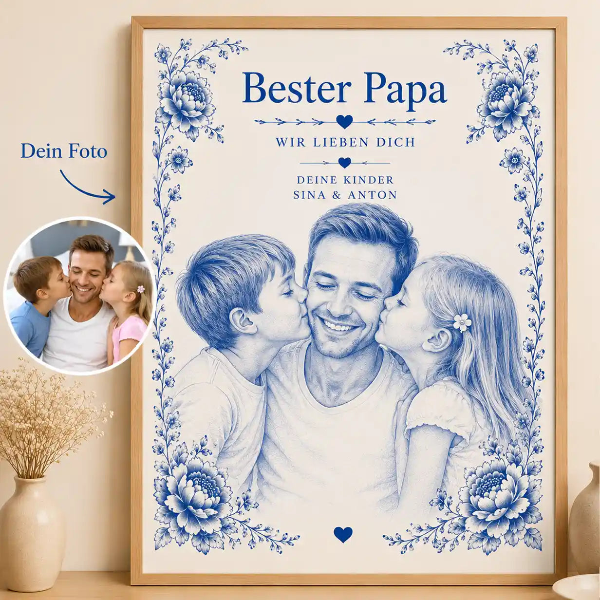Poster Foto in Keramik Blau-weiß Zwiebelmuster