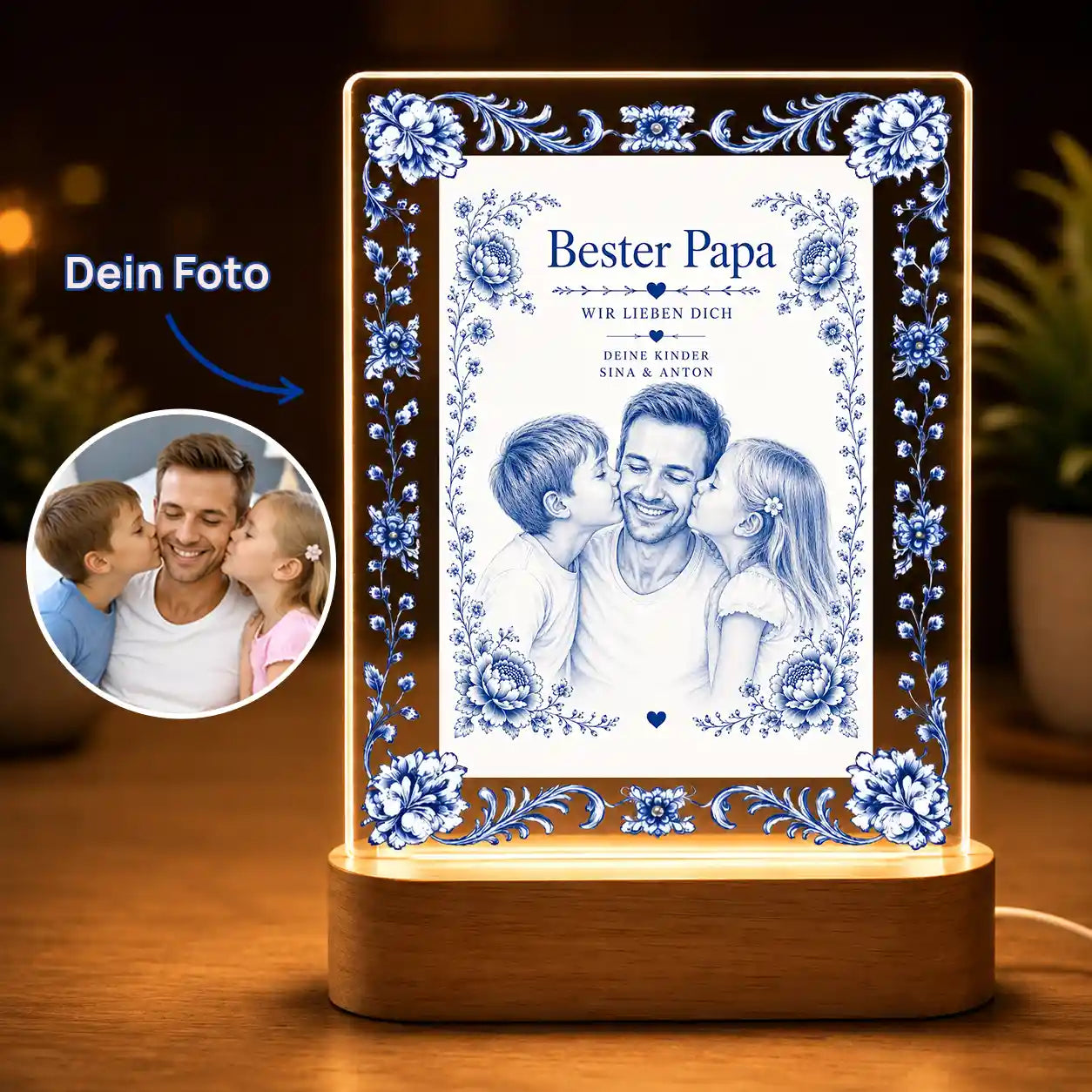 Acrylglas-Lampe Foto Keramik Blau-Weiß Zwiebelmuster