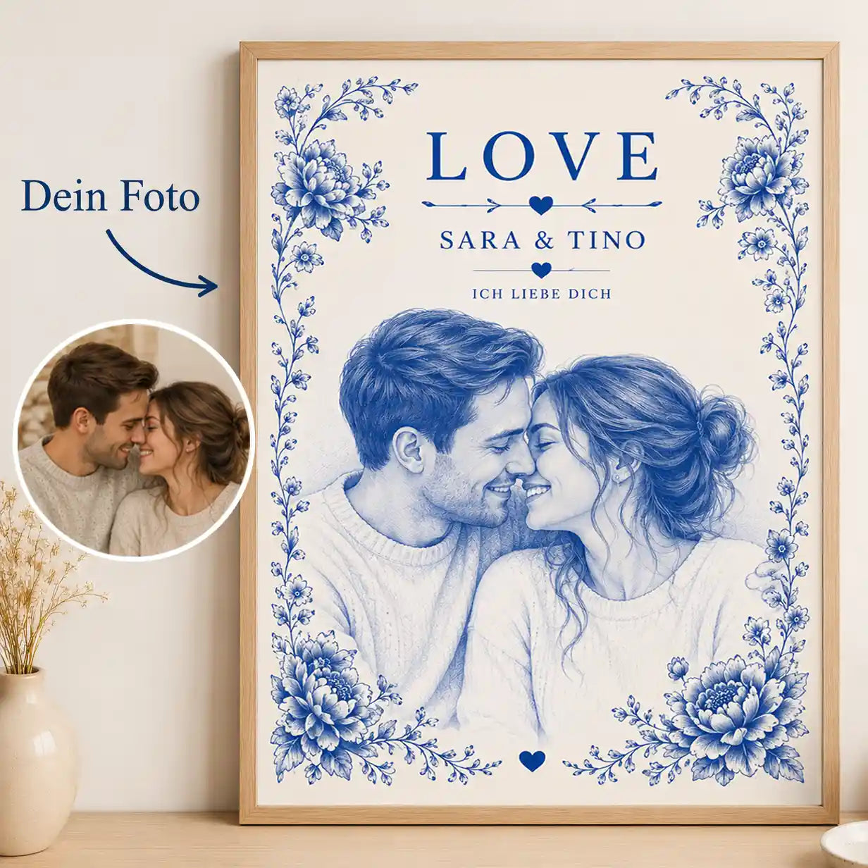 Poster Foto in Keramik Blau-weiß Zwiebelmuster