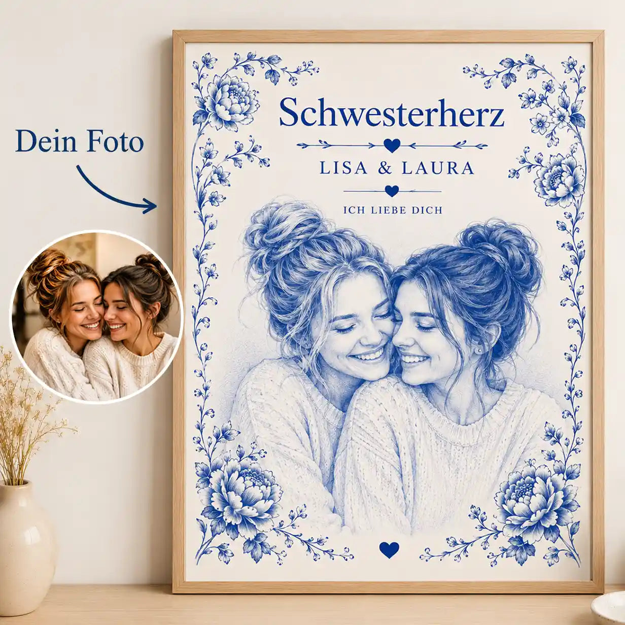 Poster Foto in Keramik Blau-weiß Zwiebelmuster