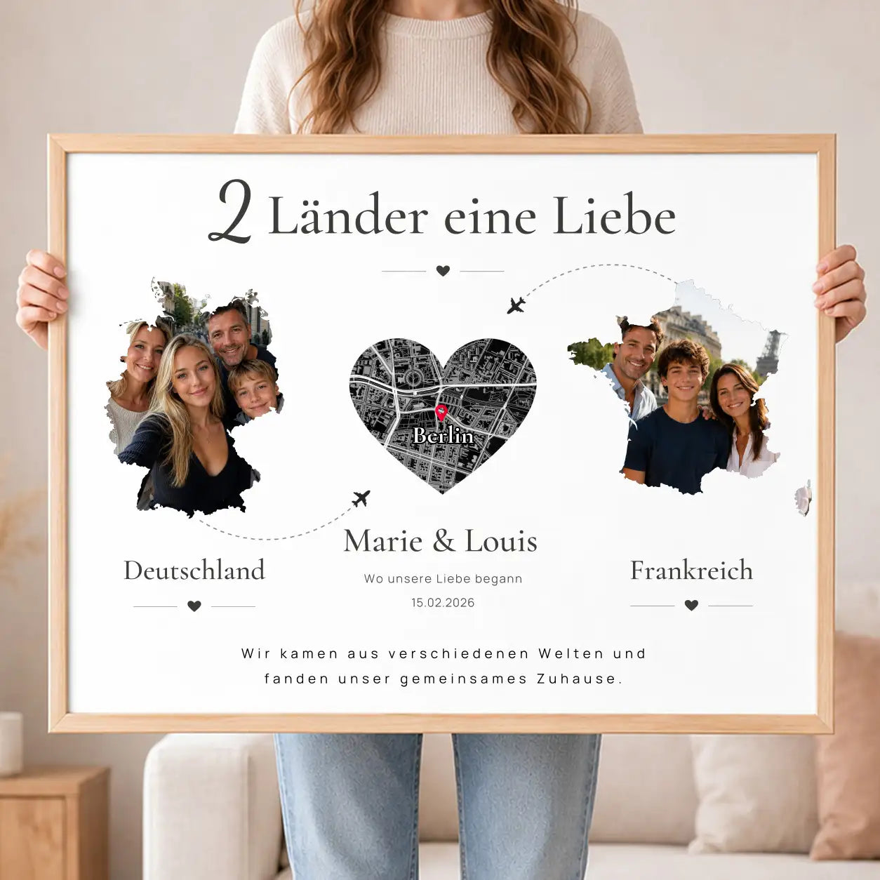 Wandbild "2 Länder eine Liebe" mit Karte und Fotos