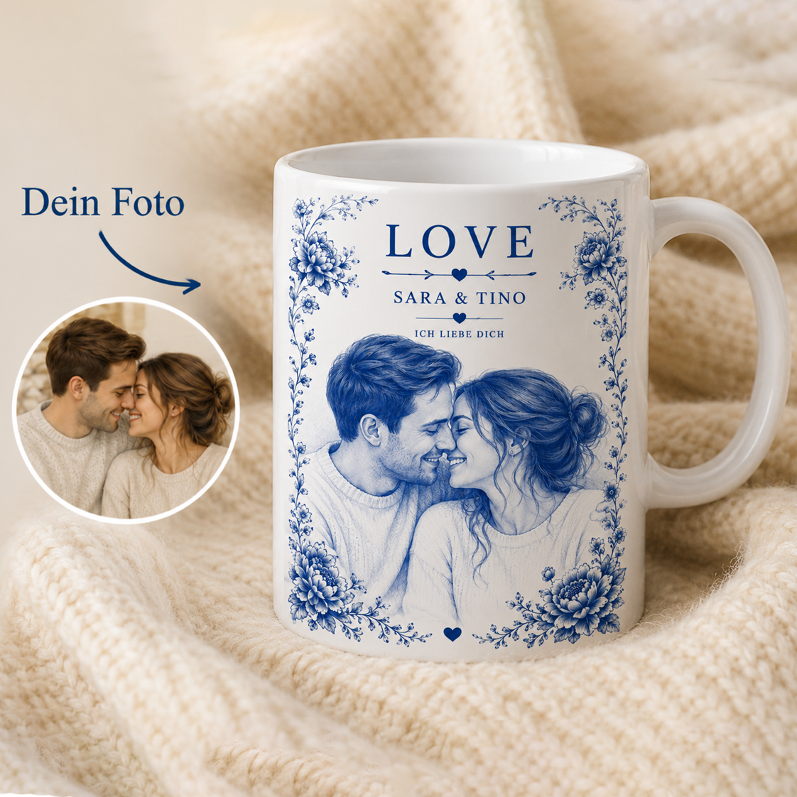Tasse Foto Keramik Blau-Weiß Zwiebelmuster