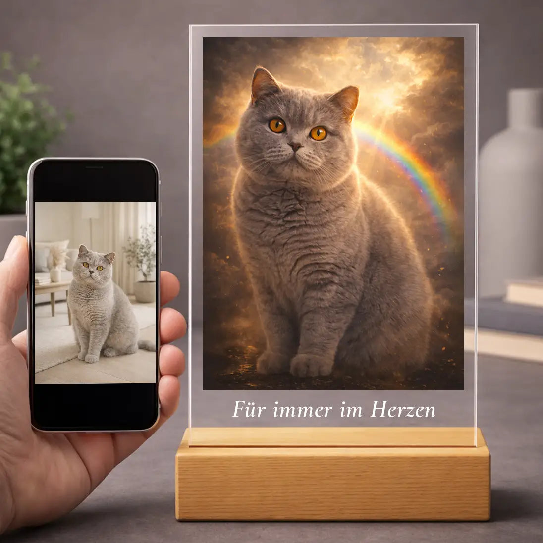 Bild auf Acrylglas Katzen-Portrait „Regenbogenpfote“